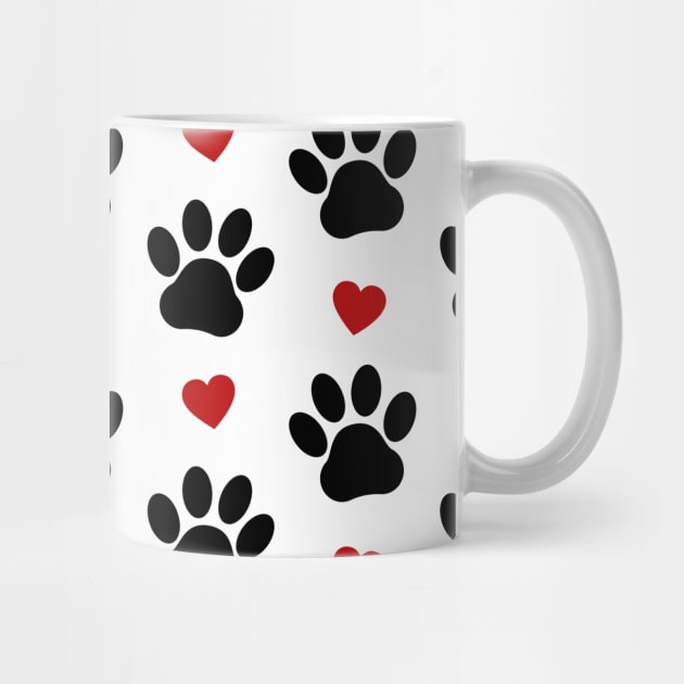 Pattern Of Paws, Dog Paws, Black Paws, Red Hearts by Jelena Dunčević